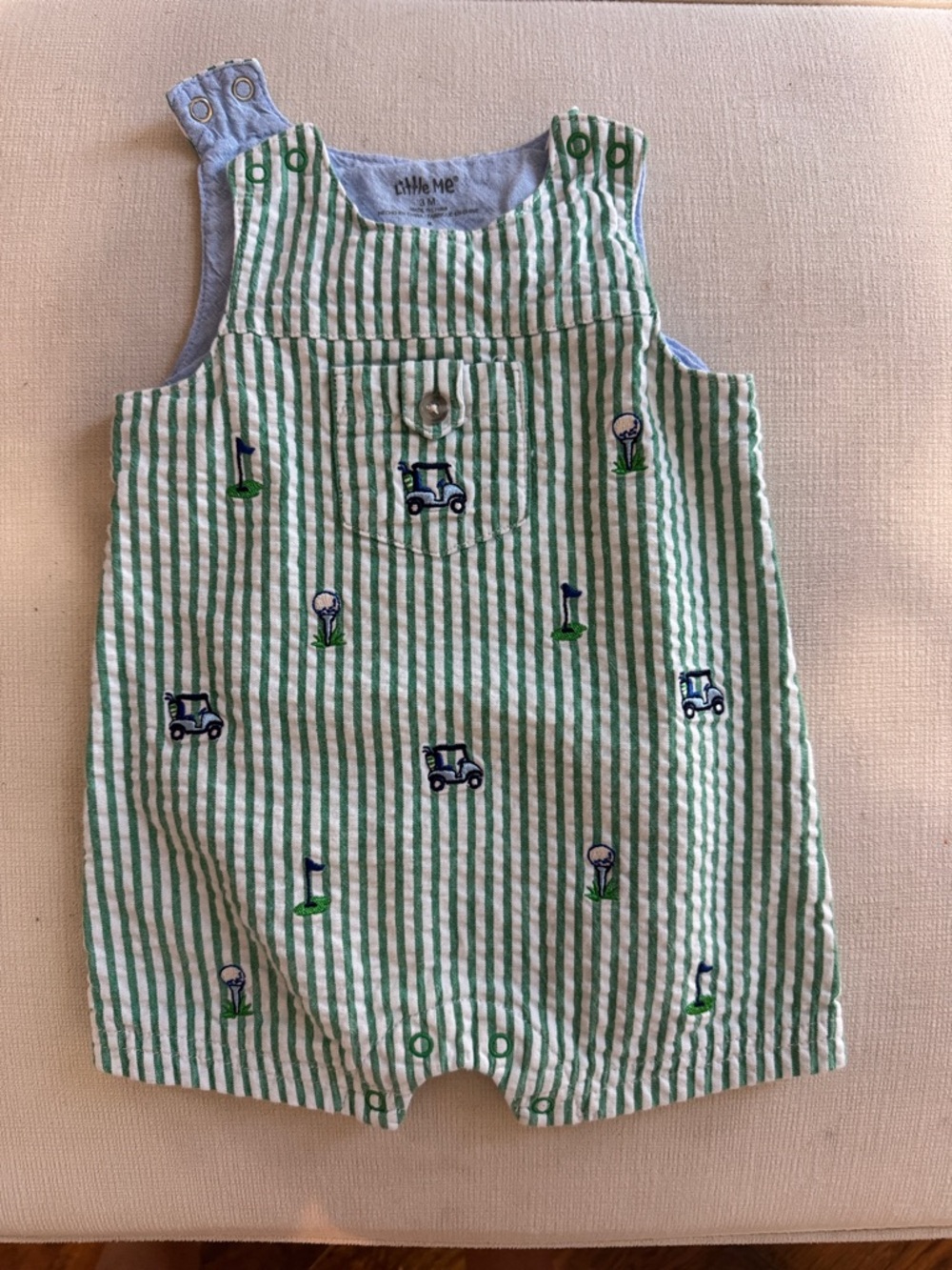 Little Me Green and White Striped Golf Cart Embroidered One-Piece
